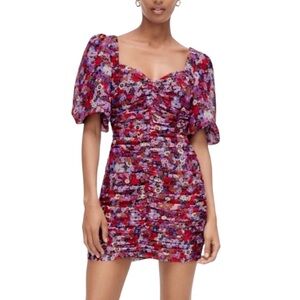NWT Zara Red Purple Metallic Gold Floral Print Ruched Mini Dress - L